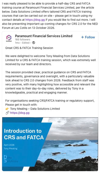 LinkedIn Article about training on CRS and FATCA. Click to view.